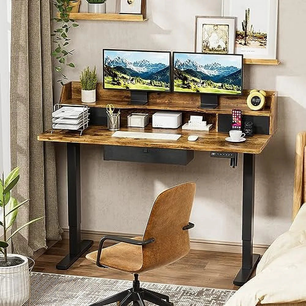 Electric Standing Desk with Triple Drawers 55 x 24 Inch Rustic Brown R77848