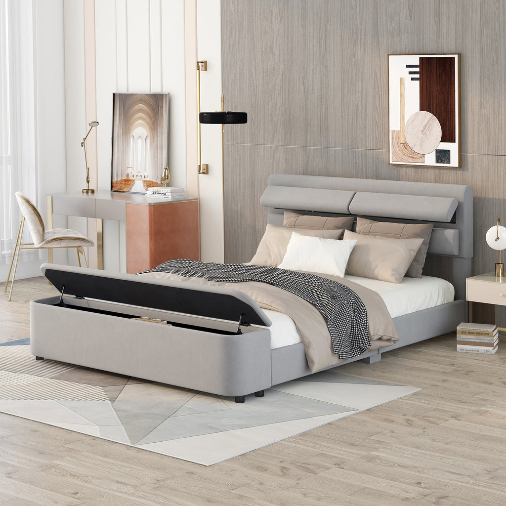 Queen Size Upholstery Platform Bed with Storage Headboard and Footboard Grey V212