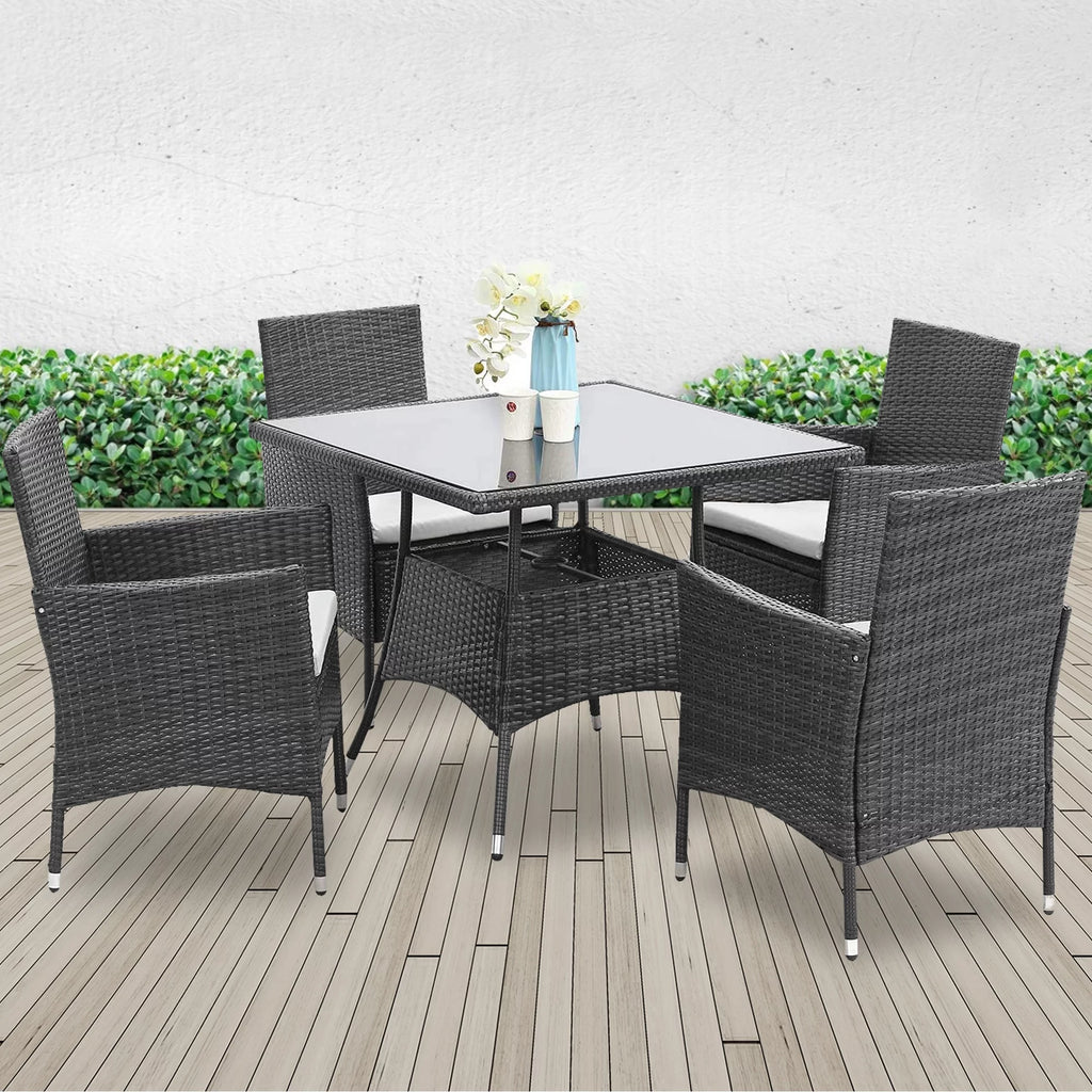 5 Pcs Grey Wicker Patio Dining Set with Umbrella Hole D609