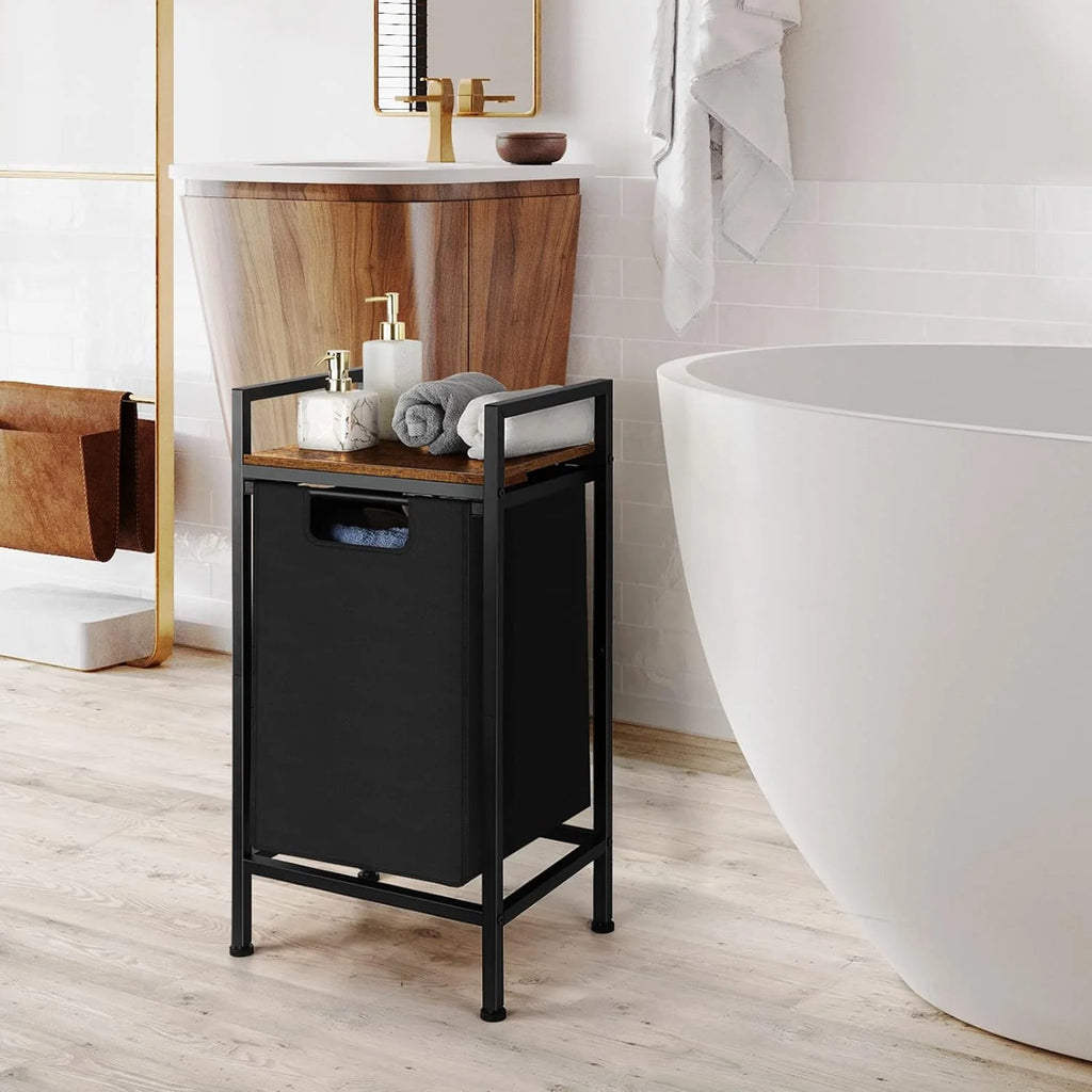 Black Laundry Hamper Basket with Removable Bag and Wood Shelf P555869
