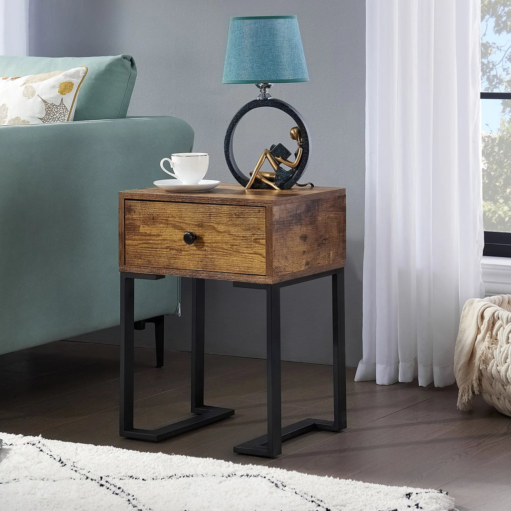 Brown Nightstand with Drawer Metal Frame K7889