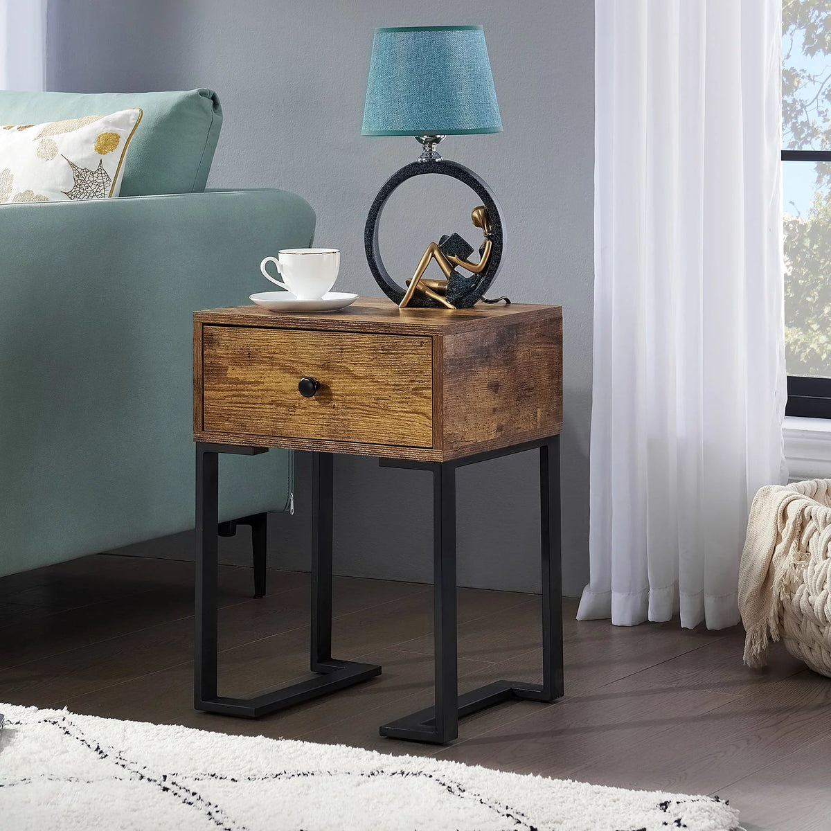 Brown Nightstand with Drawer Metal Frame K7889