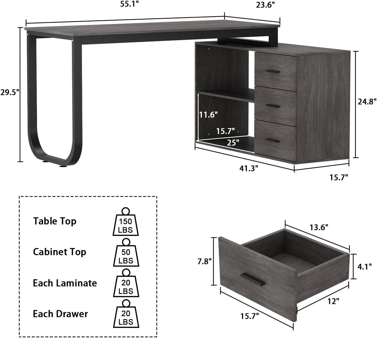 55.1” L-Shaped Desk with Drawers and Shelves B642