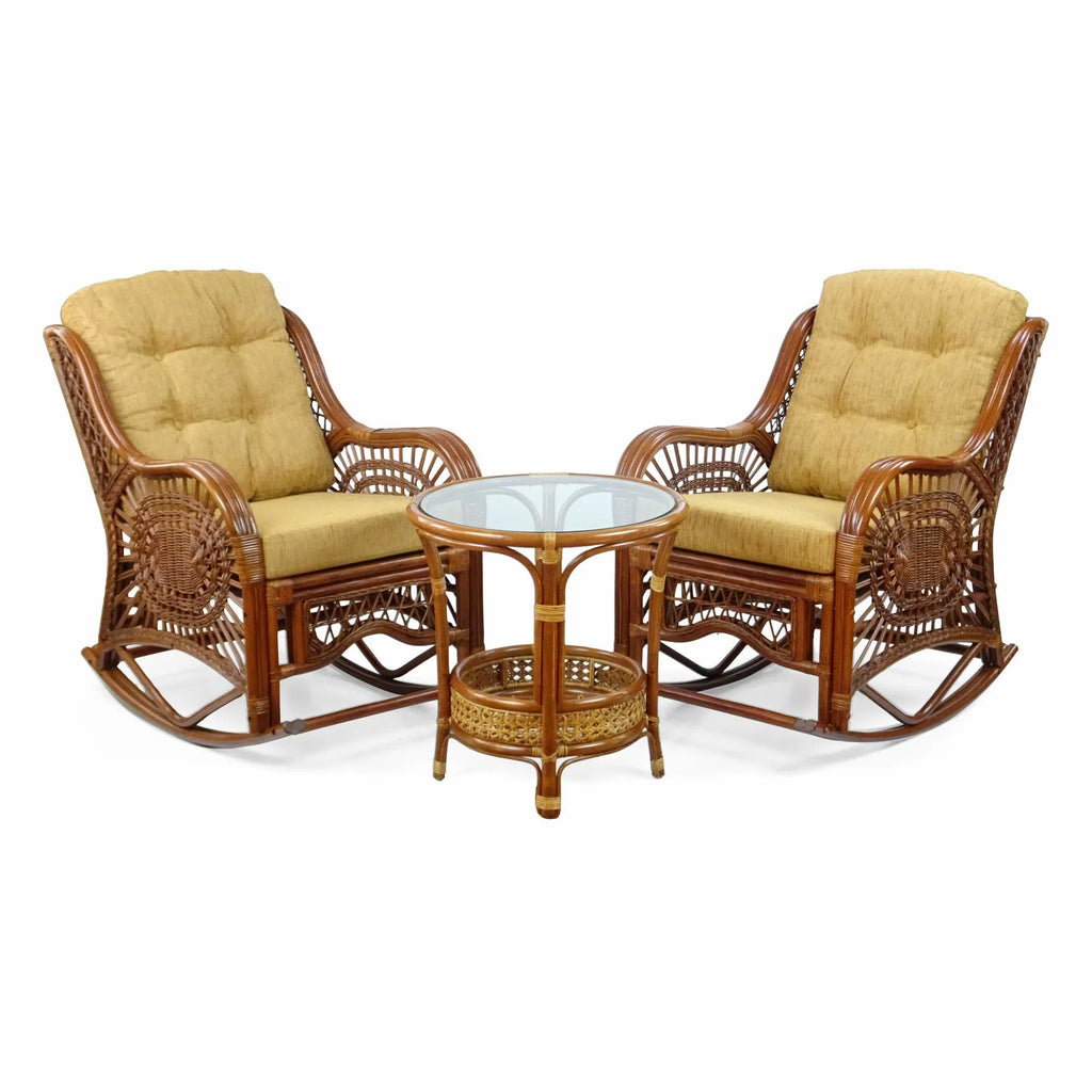 Handmade Natural Rattan Set of 2 Rocking Lounge Chairs and Round Coffee Table W945