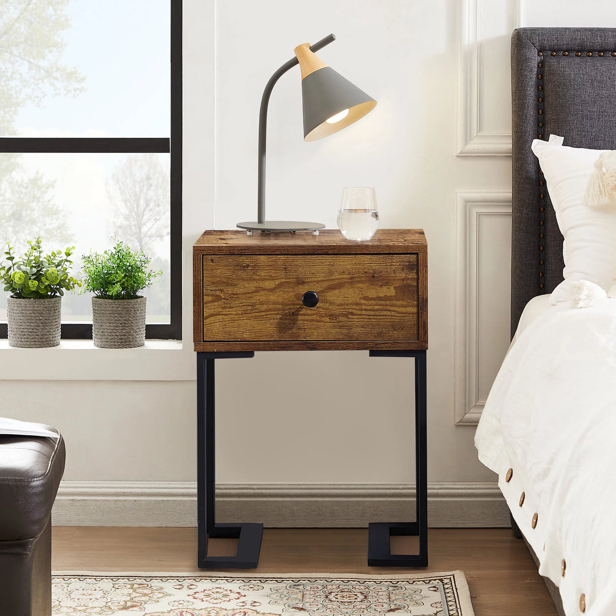 Brown Nightstand with Drawer Metal Frame K7889