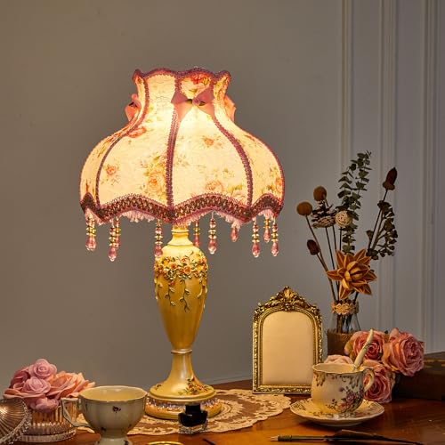 Victorian Flower Table Lamp Pink Floral Fabric Lampshade Beaded Fringe M62523