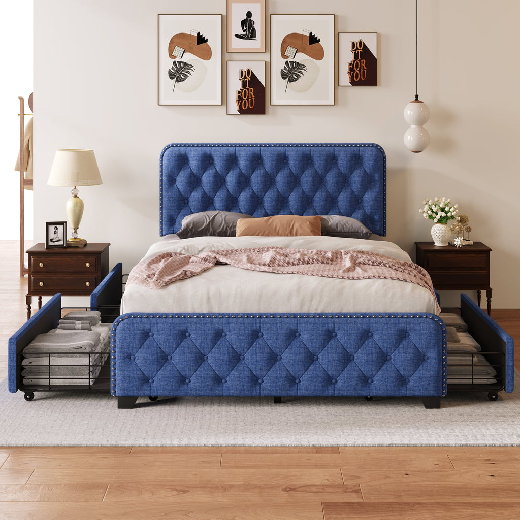 Blue Upholstered Platform Bed Frame with Four Drawers B2123