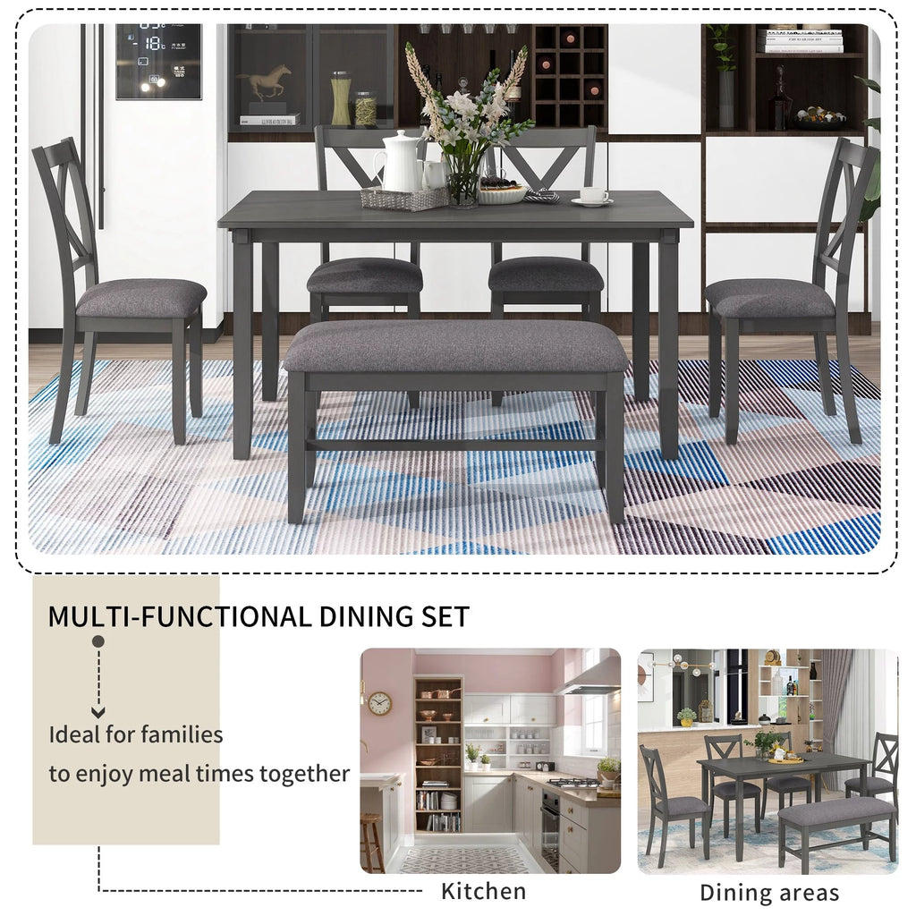 6-Piece Wooden Dining Table Set with 4 Chairs & Bench R177