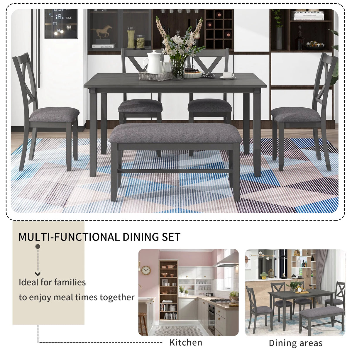 6-Piece Wooden Dining Table Set with 4 Chairs & Bench R177