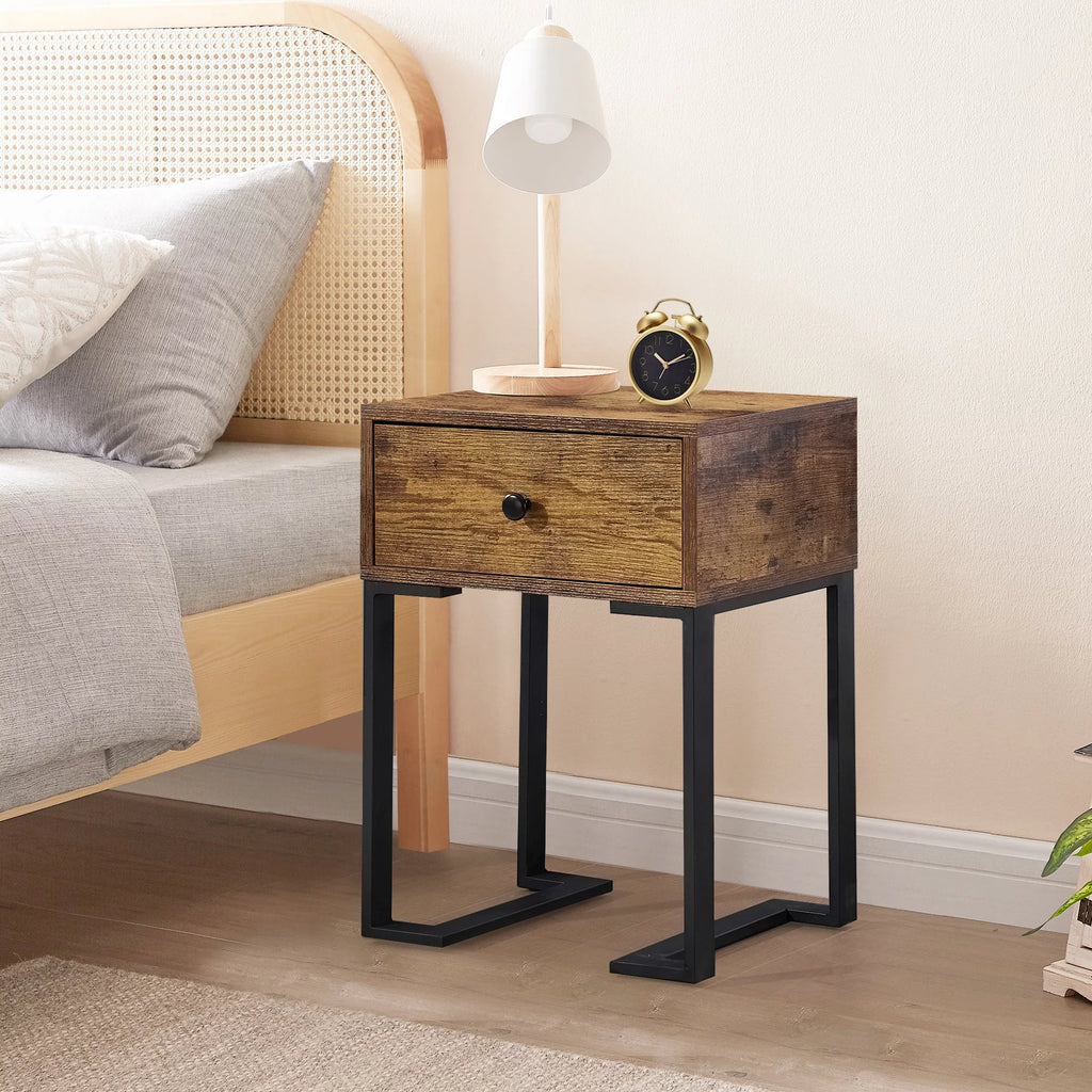 Brown Nightstand with Drawer Metal Frame K7889