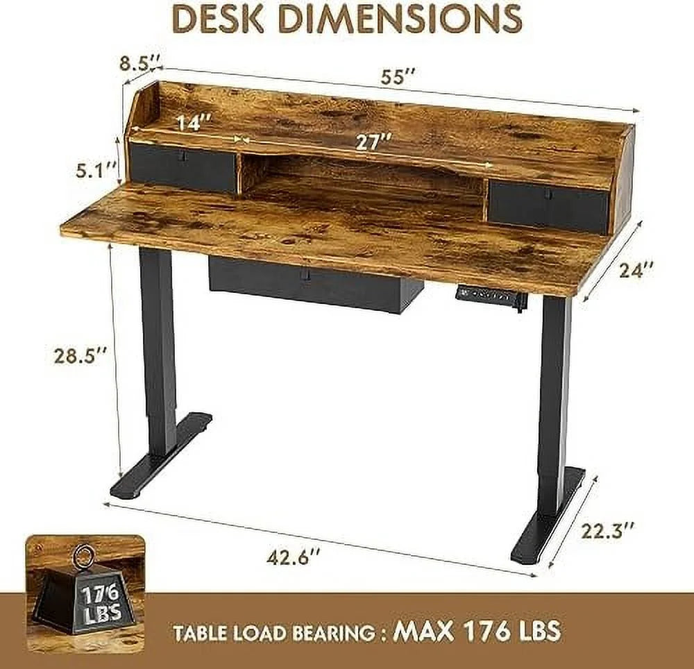 Electric Standing Desk with Triple Drawers 55 x 24 Inch Rustic Brown R77848