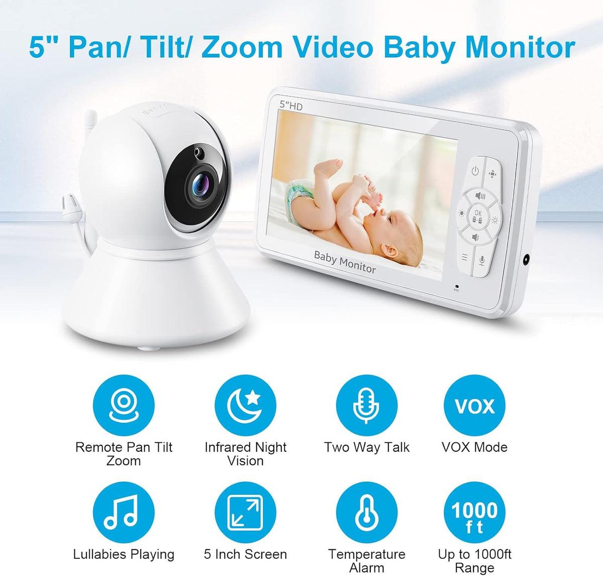 Video Baby Monitor with Camera and Audio, 5 Inch 720p HD Display D288