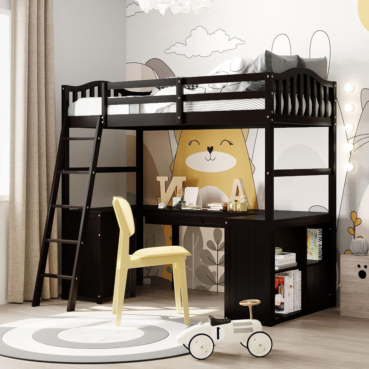 Twin Size Solid Wood Loft Bed with Desk and Storage Shelves E369