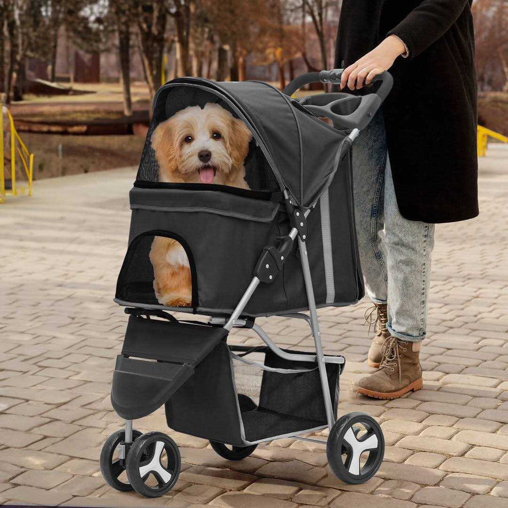 Foldable 3 Wheels Pet Stroller with Storage Basket and Cup Holder S759