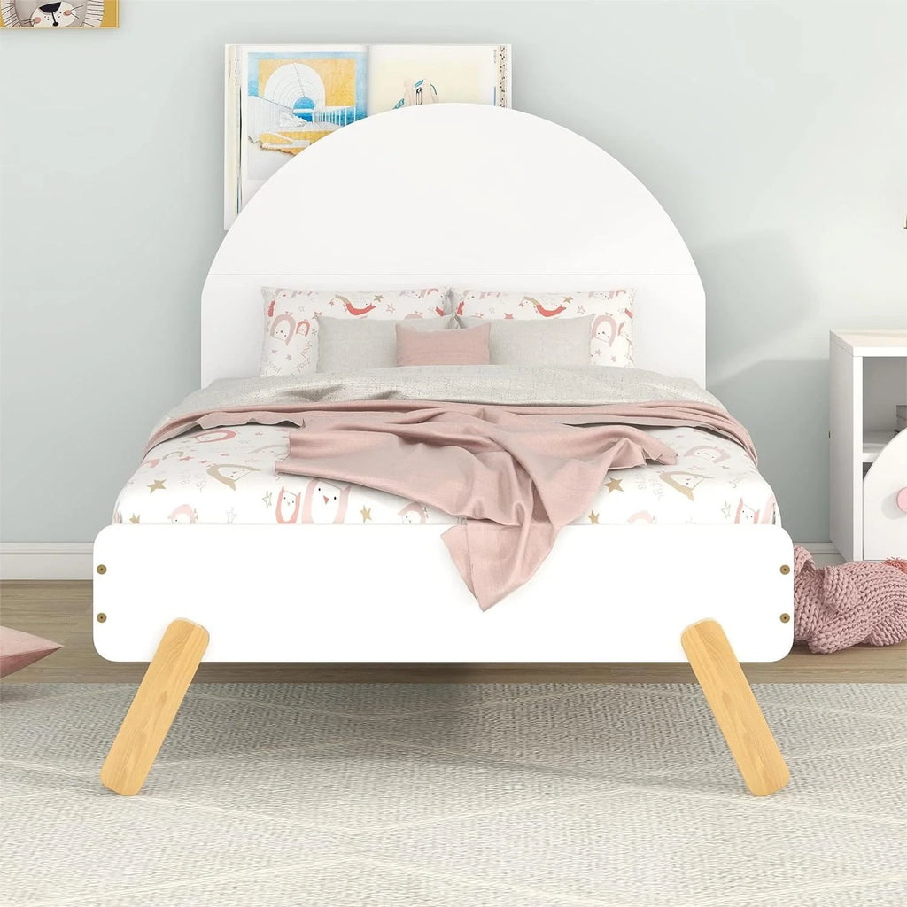 White Solid Wood Platform Bed with Curved Headboard and Shelf R680270