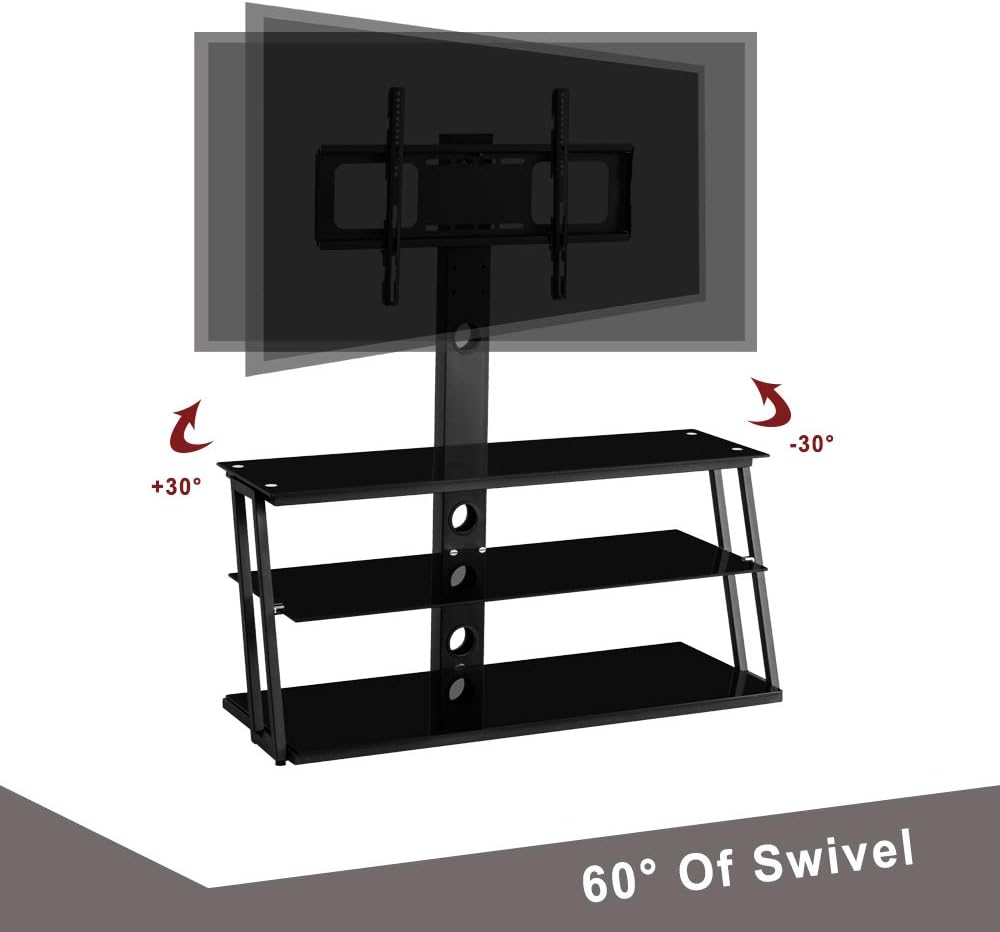 Angle and Height Adjustable Tempered Glass TV Stand, Black T6051