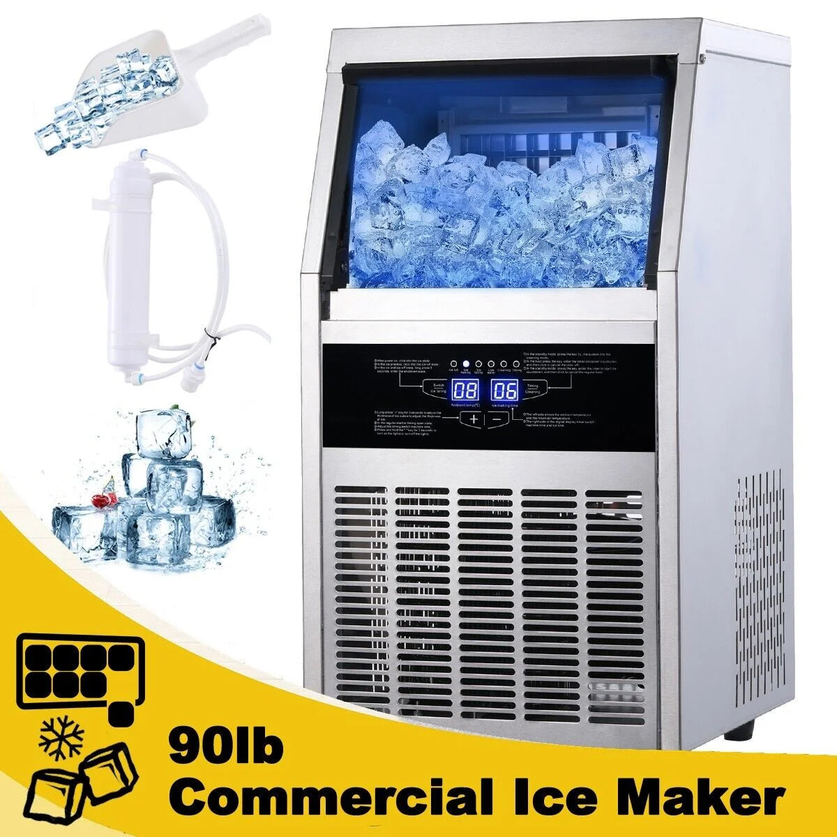Commercial Ice Maker 90lb Stainless Steel Built-in Cube Machine Q333