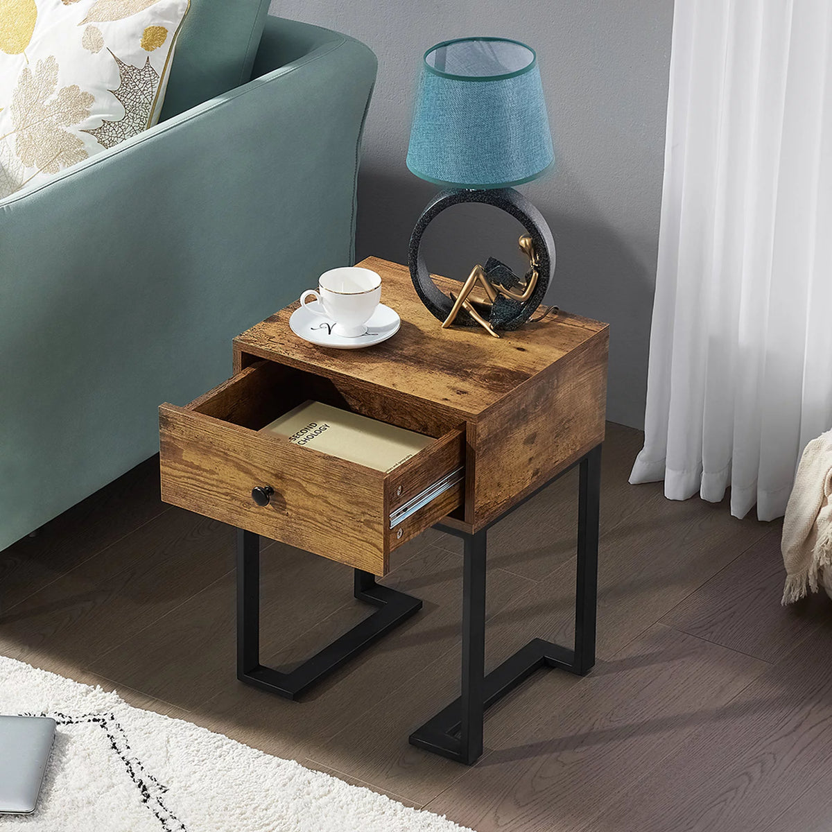 Brown Nightstand with Drawer Metal Frame K7889