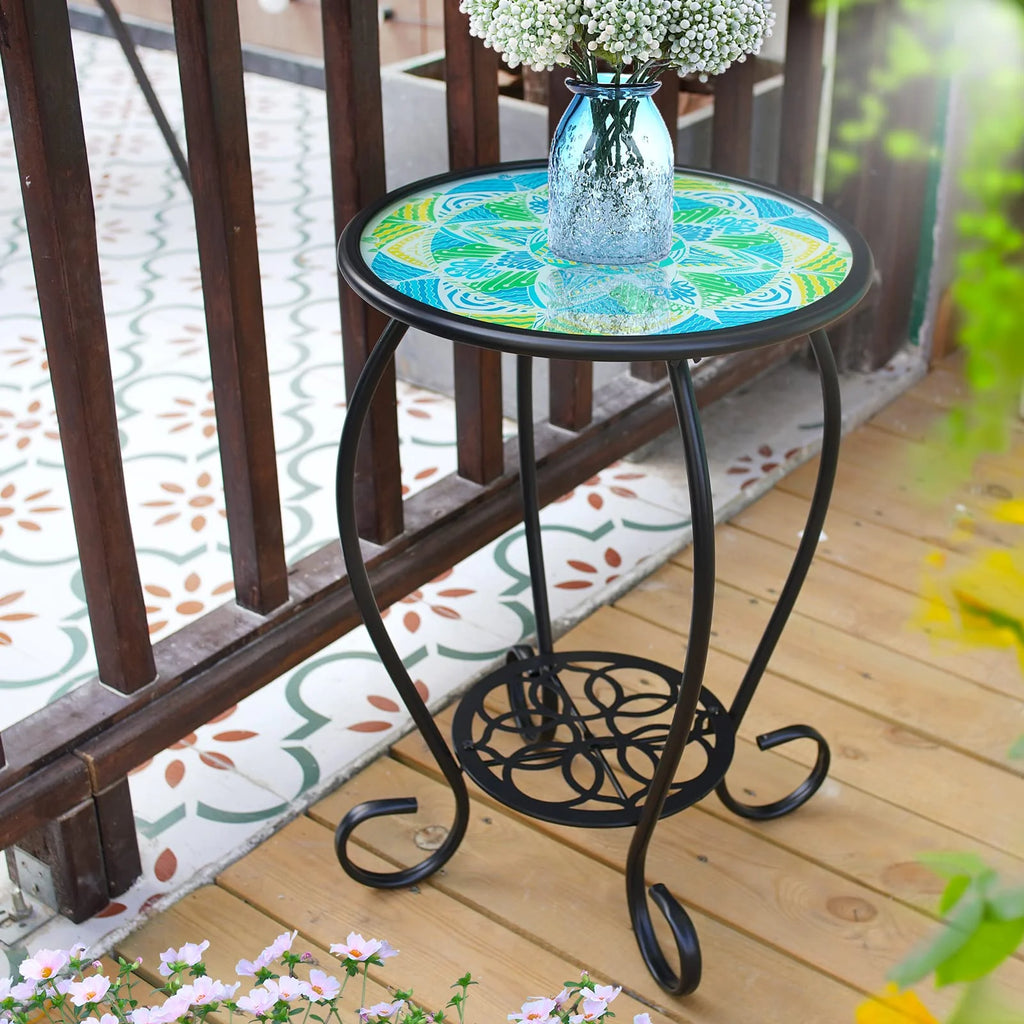 Two Tier Green Mosaic Outdoor Side Table D60811
