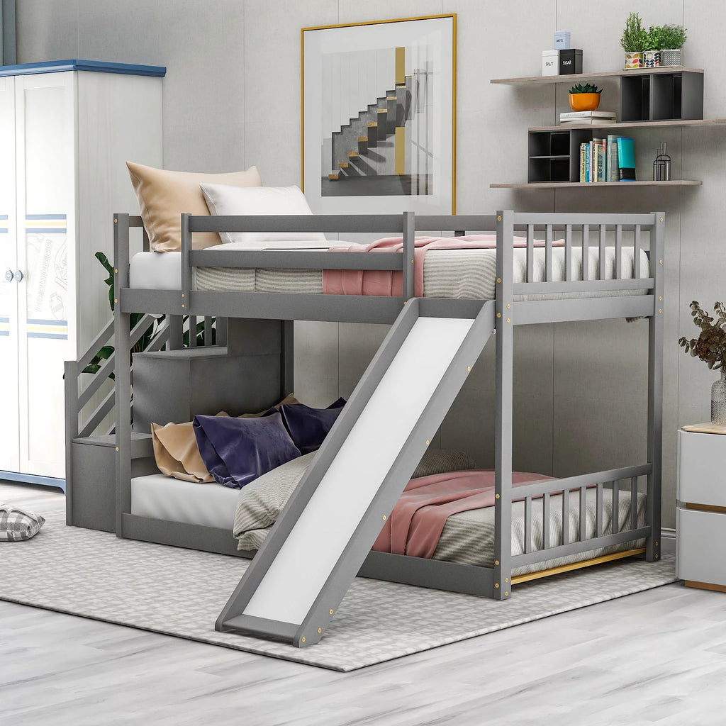 Solid Wood Twin Over Twin Bunk Bed with Slide and Stairway E8411