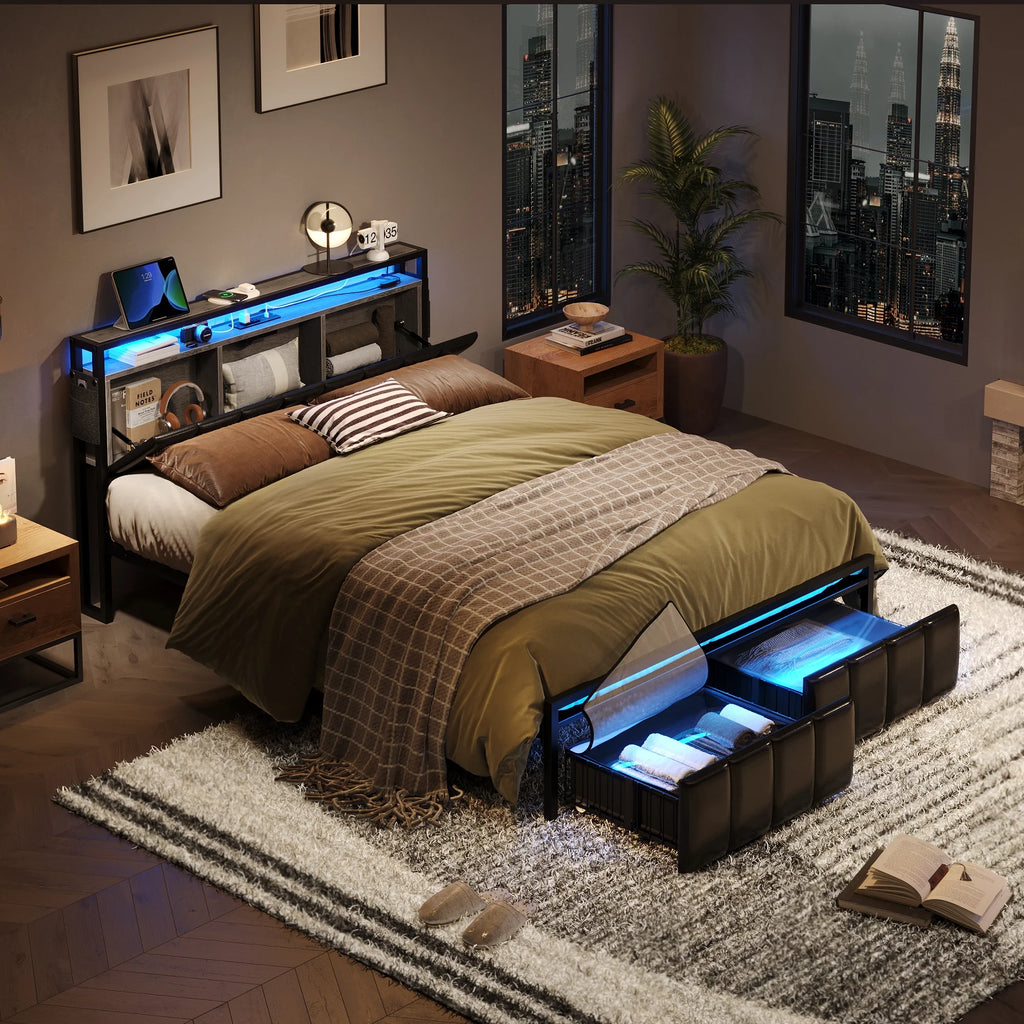 Queen Size Platform Bed Frame with Storage Headboard and 2 Drawers I91767