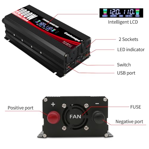 1000 Watt Car Power Inverter 12V to 110V/120V AC with LCD Display Dual AC Outlets Dual USB Black B8475