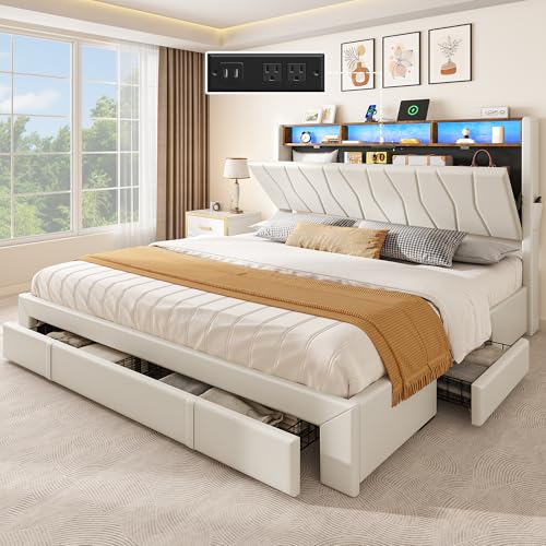 Beige Queen Size Storage Bed Frame with 4 Drawers F37202