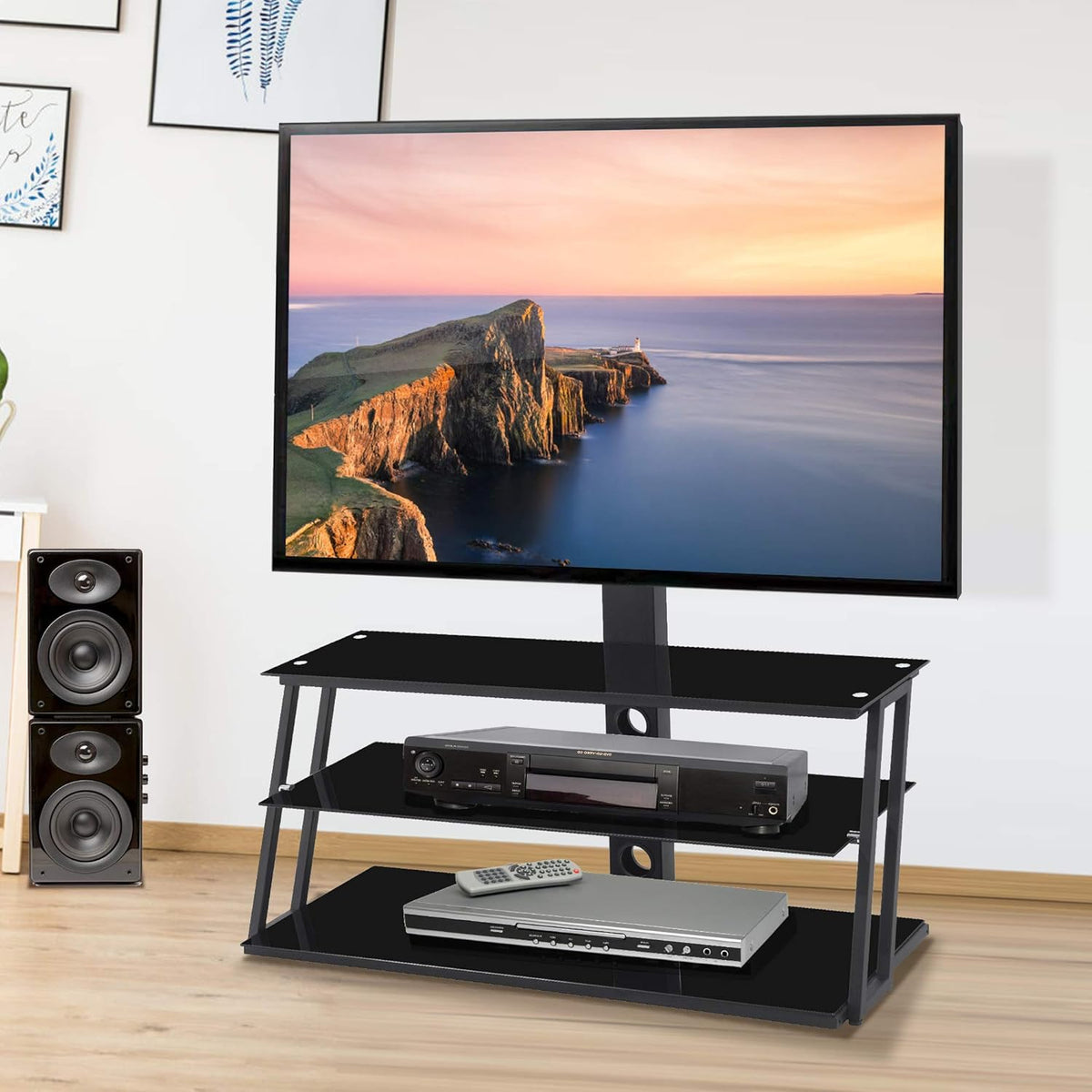 Angle and Height Adjustable Tempered Glass TV Stand, Black T6051