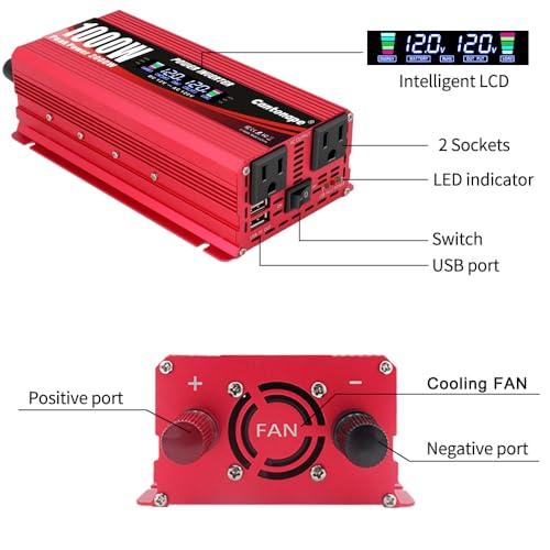 1000 Watt Car Power Inverter 12V to 110V/120V AC with LCD Display Dual AC Outlets Dual USB Black B8475