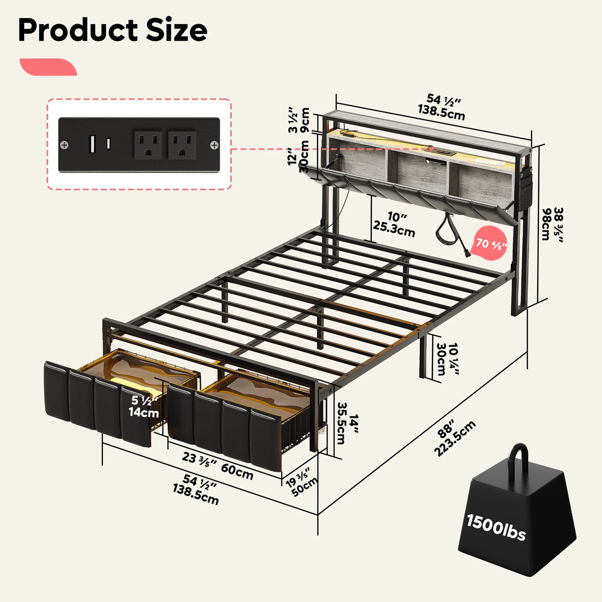 Queen Size Platform Bed Frame with Storage Headboard and 2 Drawers I91767