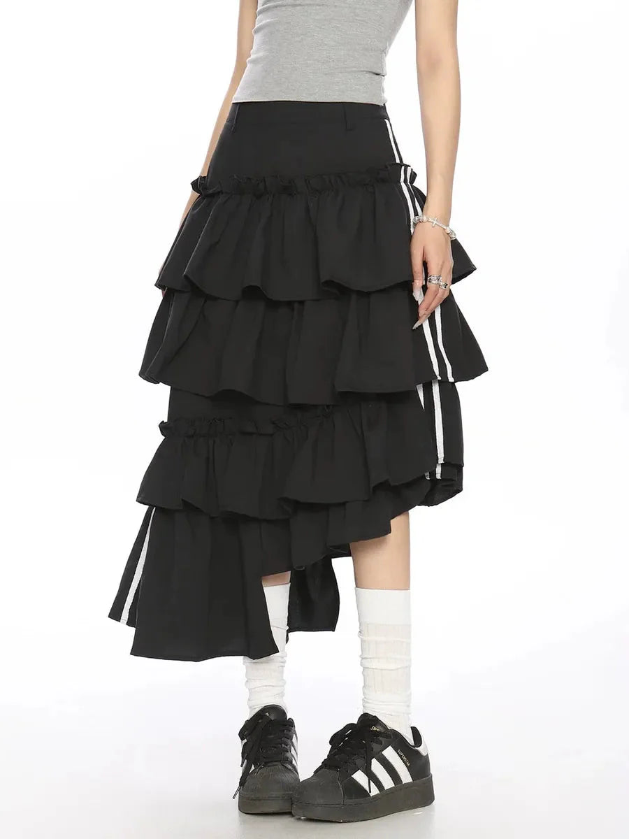 Striped Ruffle Irregular Midi Dress A695