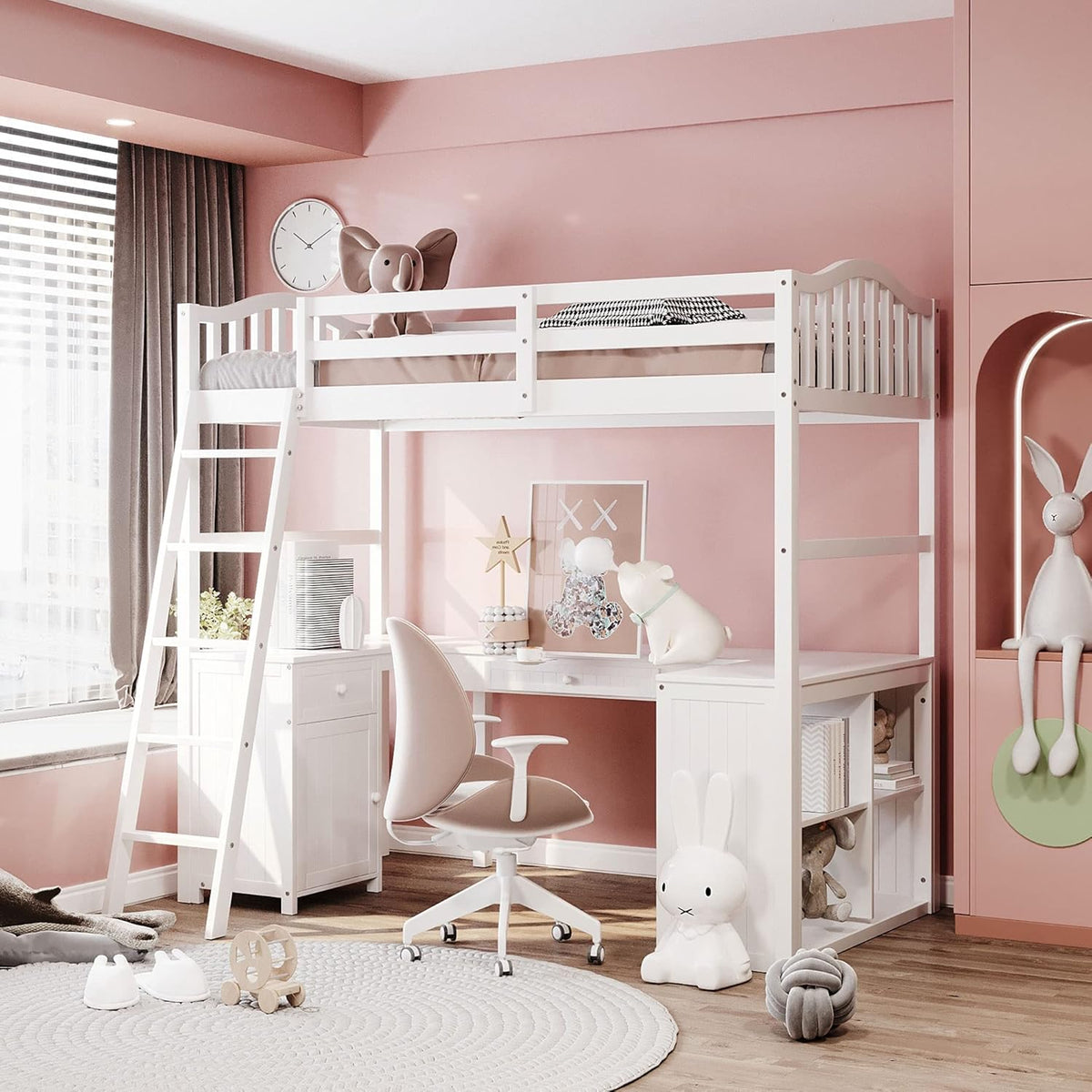 Twin Size Solid Wood Loft Bed with Desk and Storage Shelves E369