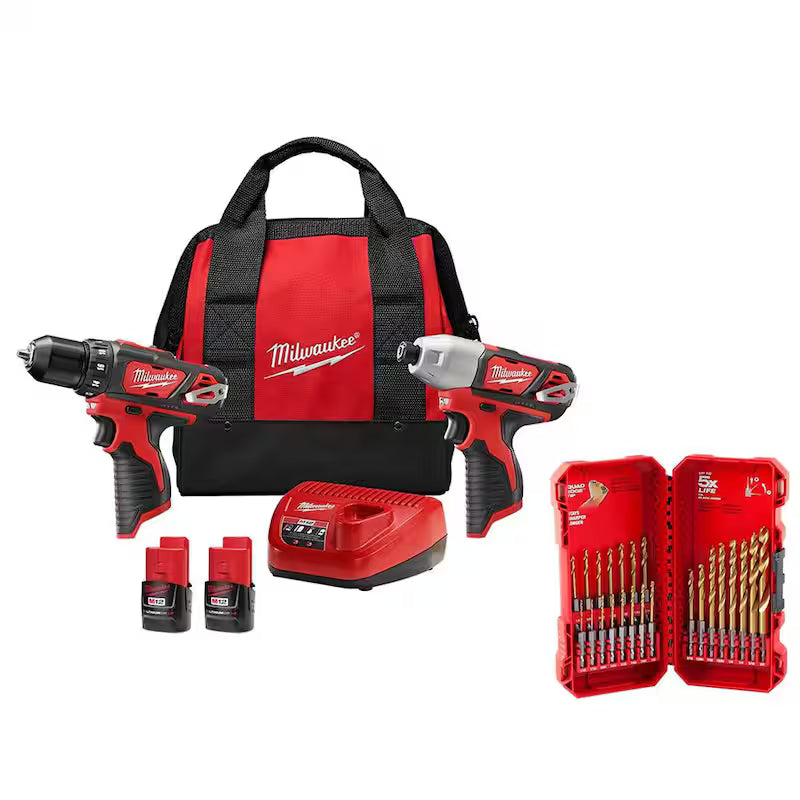12V Cordless Drill Driver/Impact Driver Combo Kit with 23-Piece Titanium Drill Bit Set J44661