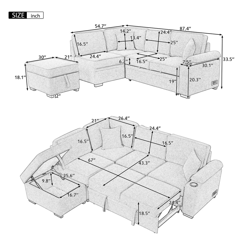 Beige L Shape Sleeper Sofa Bed with Storage Ottoman W22998