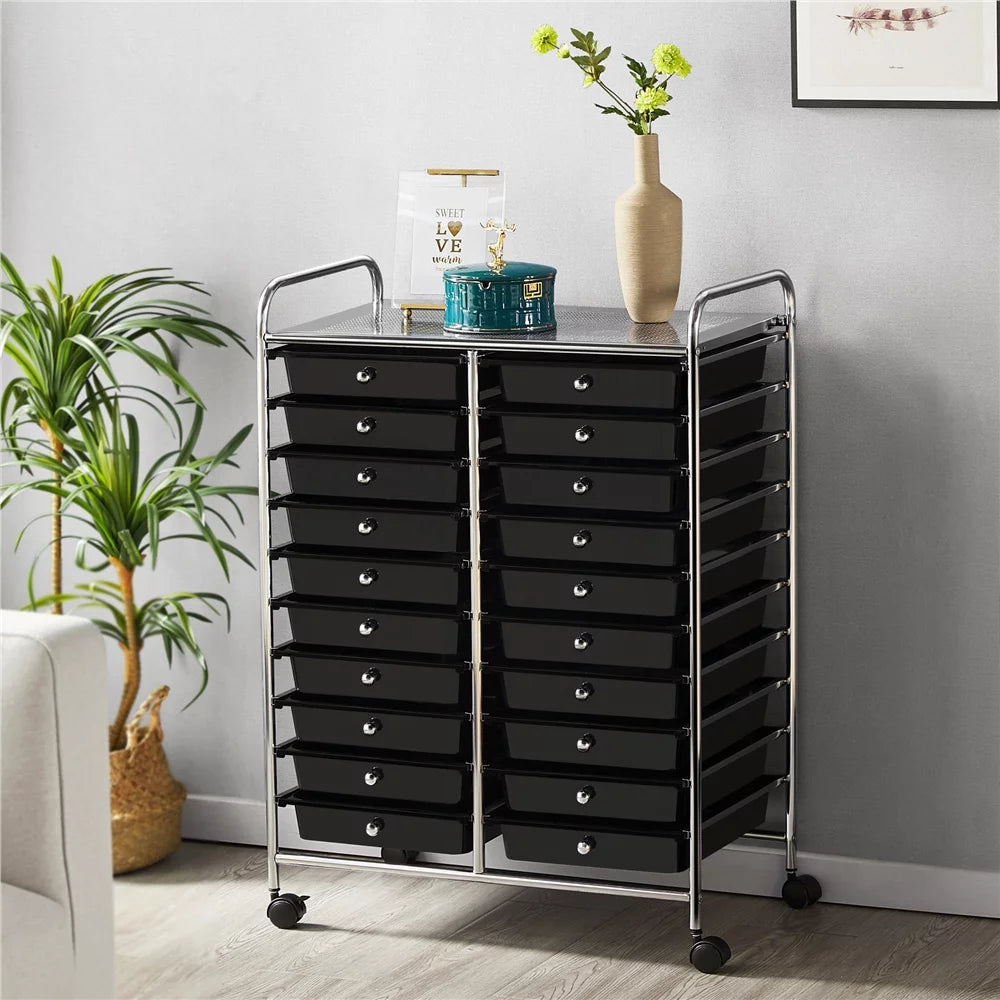 20 Drawers Metal Frame Storage Cart with Lockable Wheels, Black F252