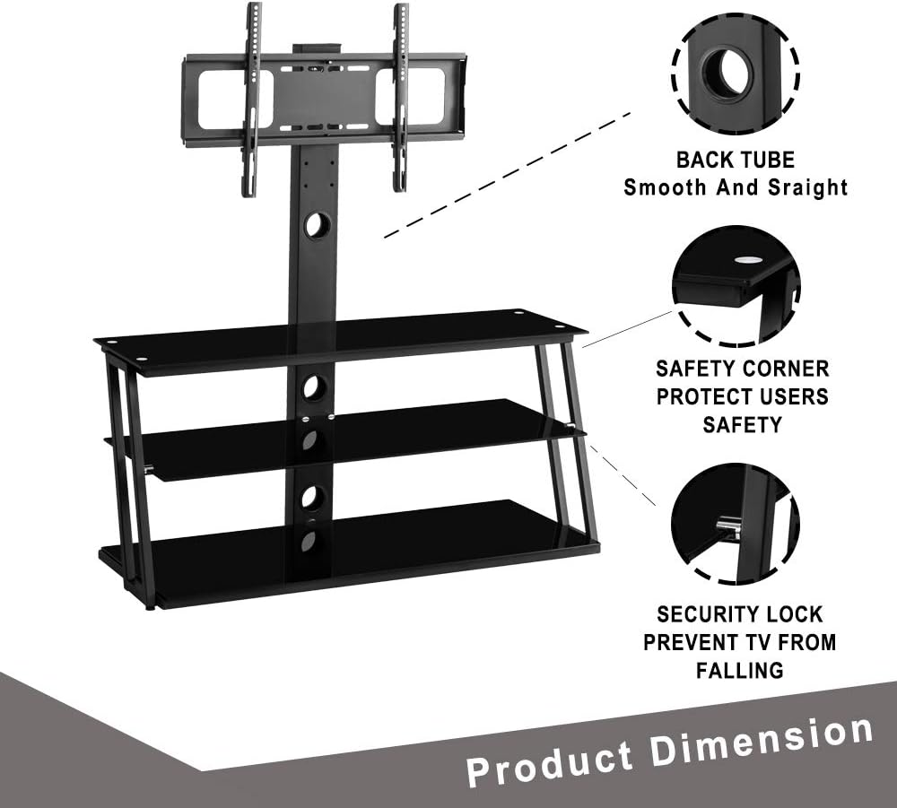 Angle and Height Adjustable Tempered Glass TV Stand, Black T6051
