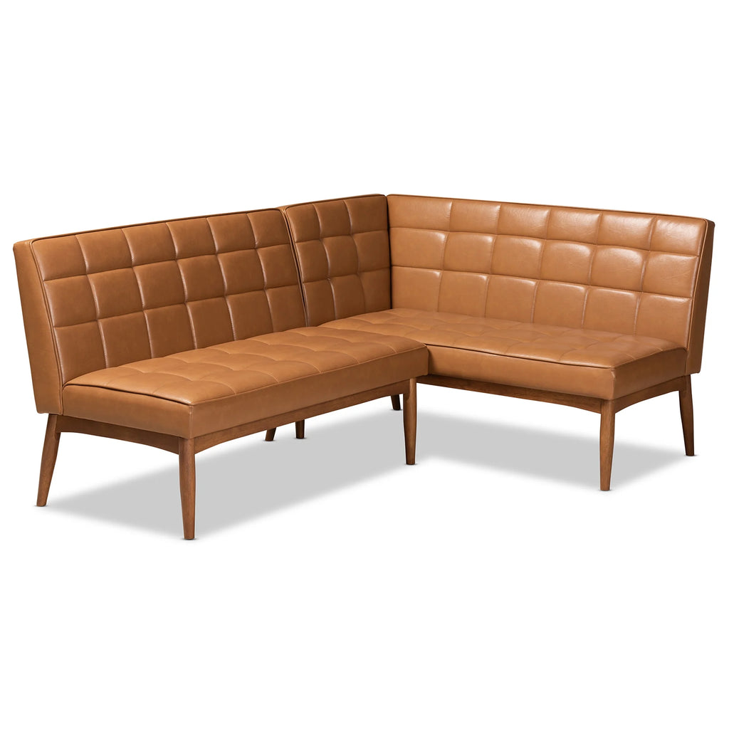 Tan Faux Leather Upholstered Walnut Brown Wood 2-Piece Dining Nook Banquette Set Q978225