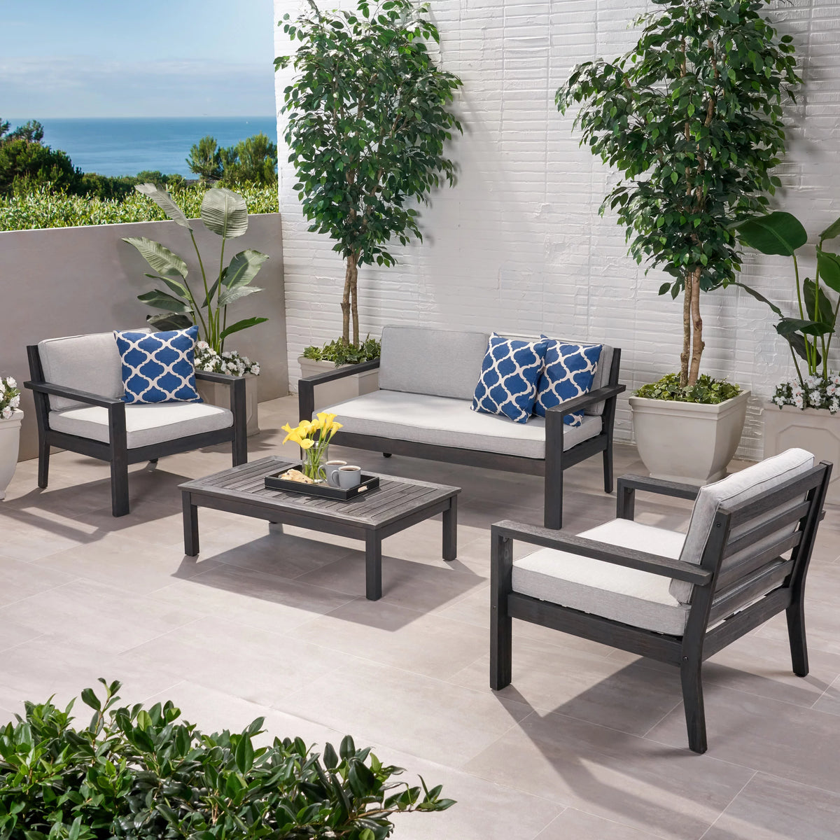Light Gray Acacia Wood 4 Seater Chat Set with Cushions F746