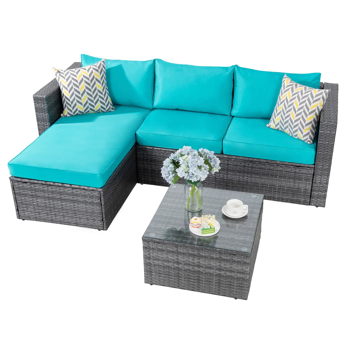 3 Piece Aegean Blue Black Rattan Wicker Sectional Sofa B91399