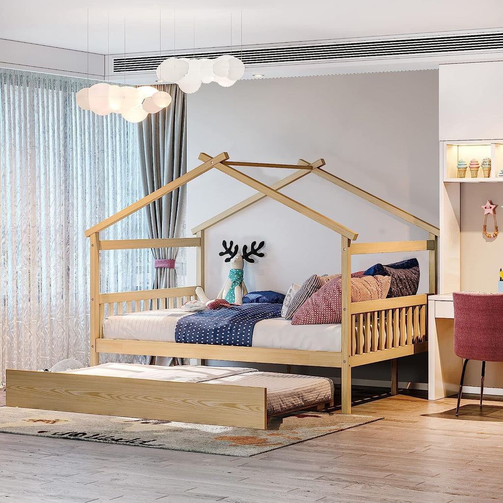 Full Size Wooden House Bed with Headboard and Roof T683264