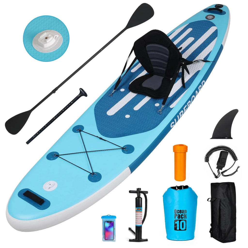 11 Ft Inflatable Stand Up Paddle Board and Sit-on Kayak Set, Non-Slip Deck SUP Paddle Board with SUP Accessories & Backpack, Blue Q60031