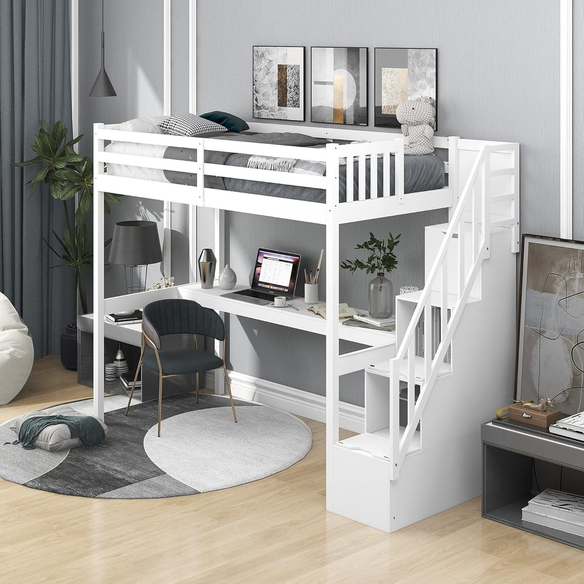 Twin Size Solid Wood Loft Bed with Desk and Storage Shelves E369