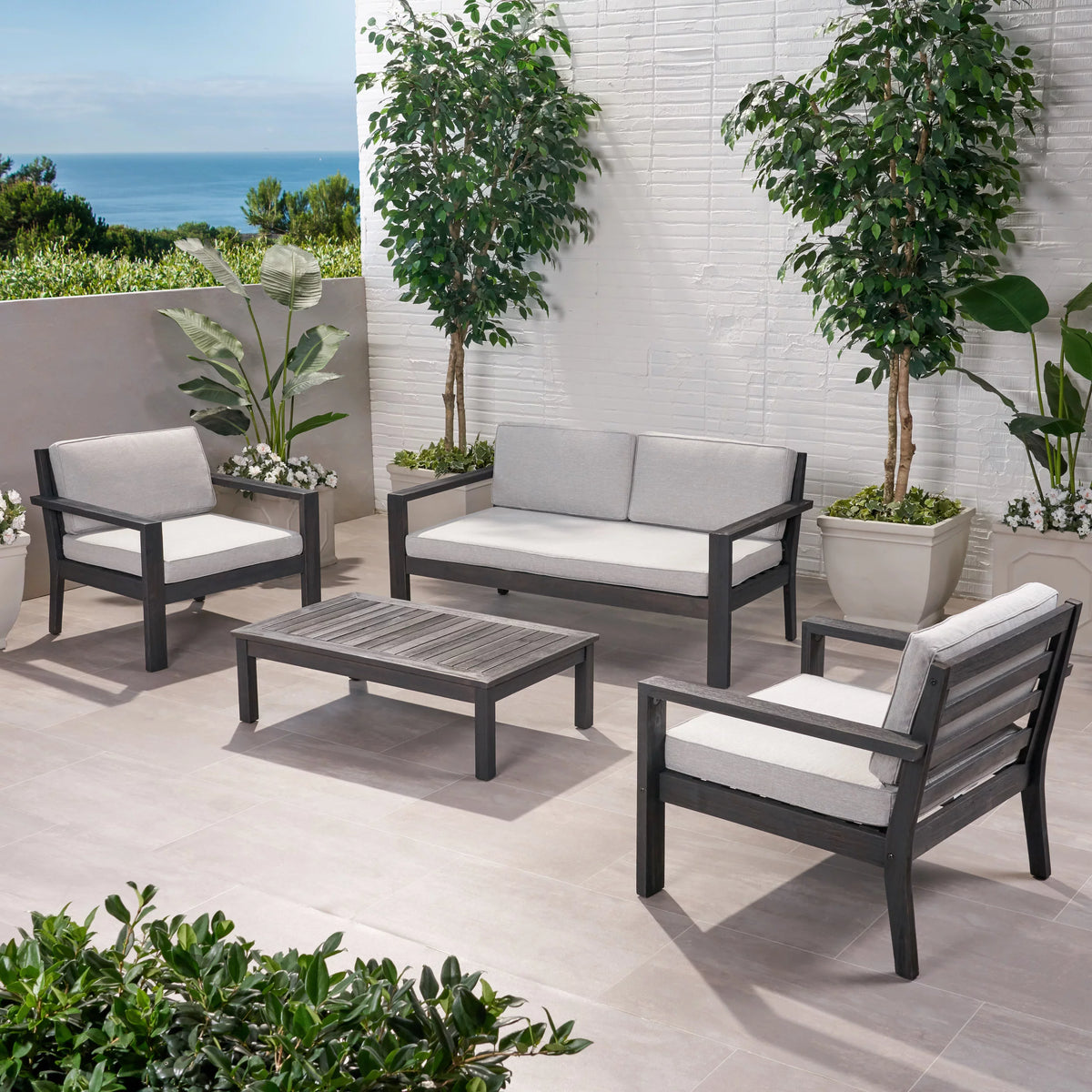 Light Gray Acacia Wood 4 Seater Chat Set with Cushions F746