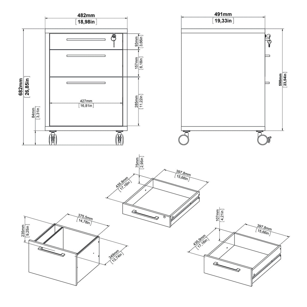 White 3 Drawer Mobile File Cabinet V476