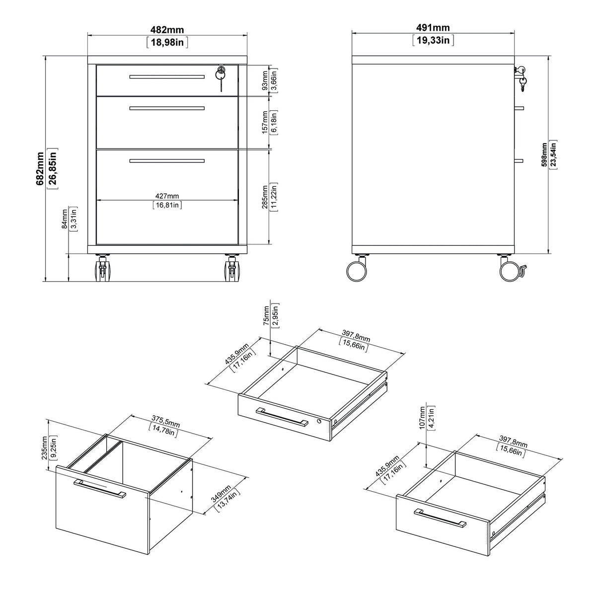 White 3 Drawer Mobile File Cabinet V476