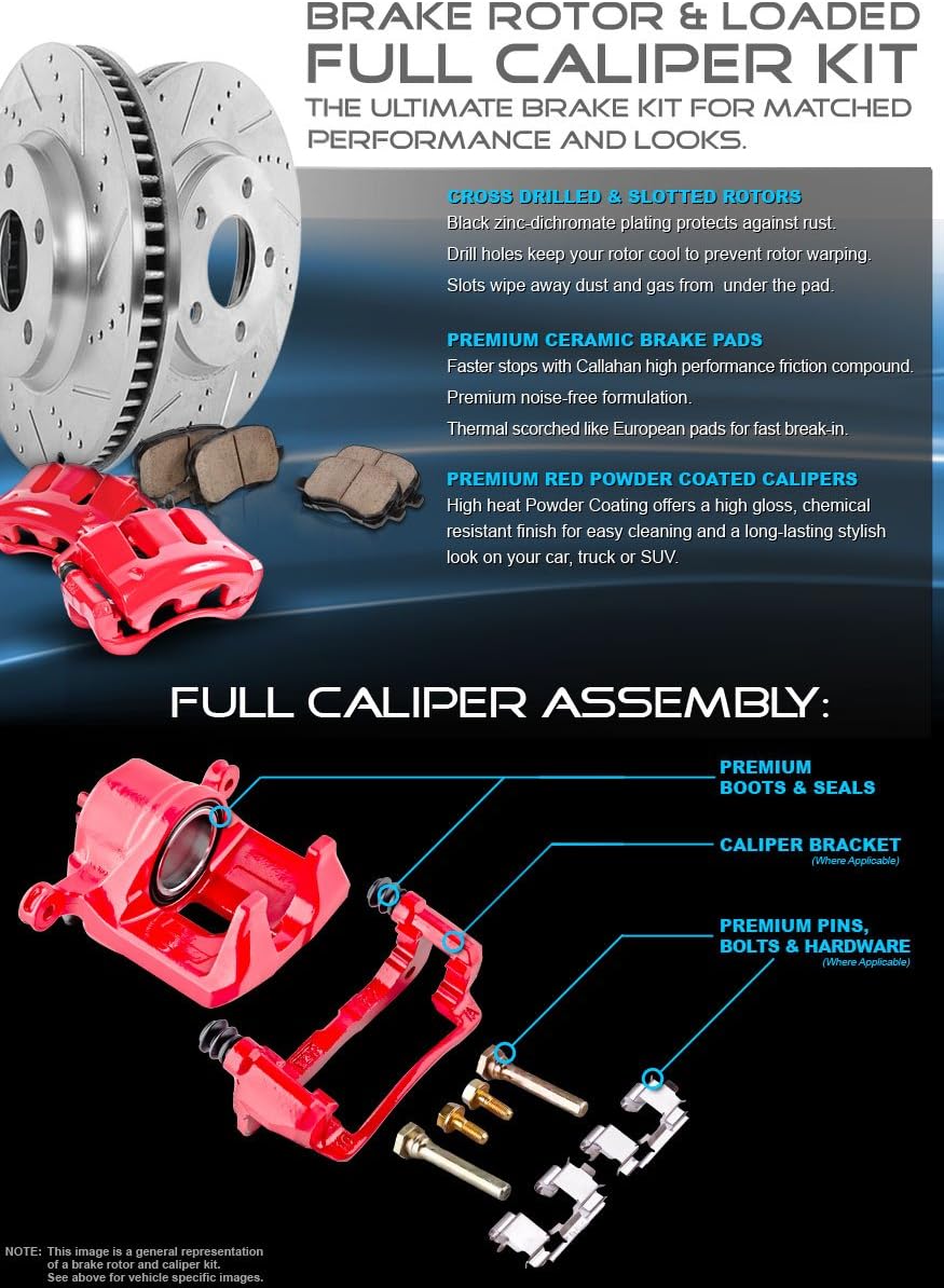 Powder Coated Red Calipers Rotors Ceramic Pads Kit L16477