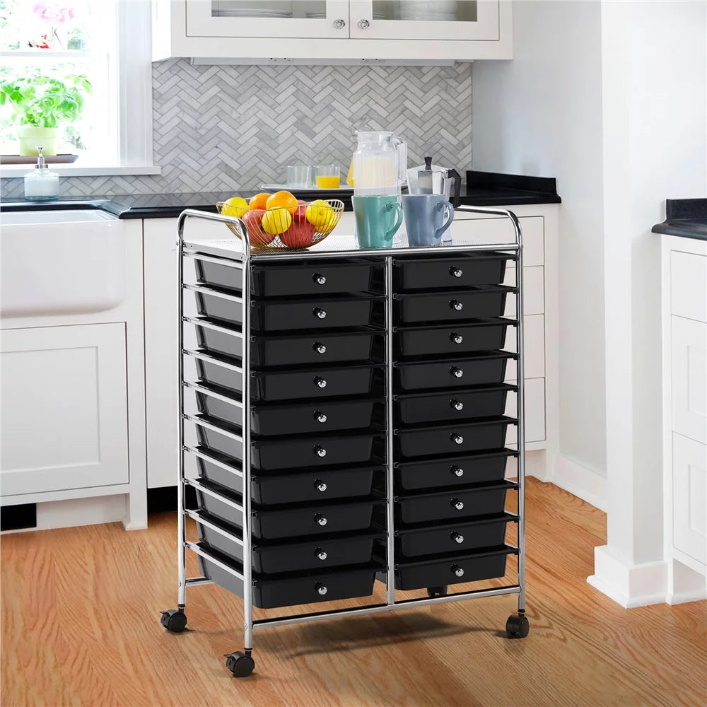 20 Drawers Metal Frame Storage Cart with Lockable Wheels, Black F252