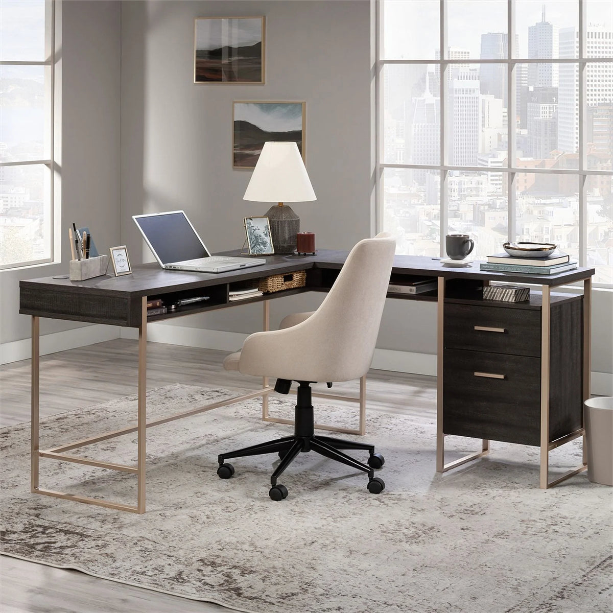 Contemporary L-Desk in Blade Walnut F321612