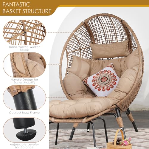 Oversized Wicker Egg Chair with Ottoman Gray L78059