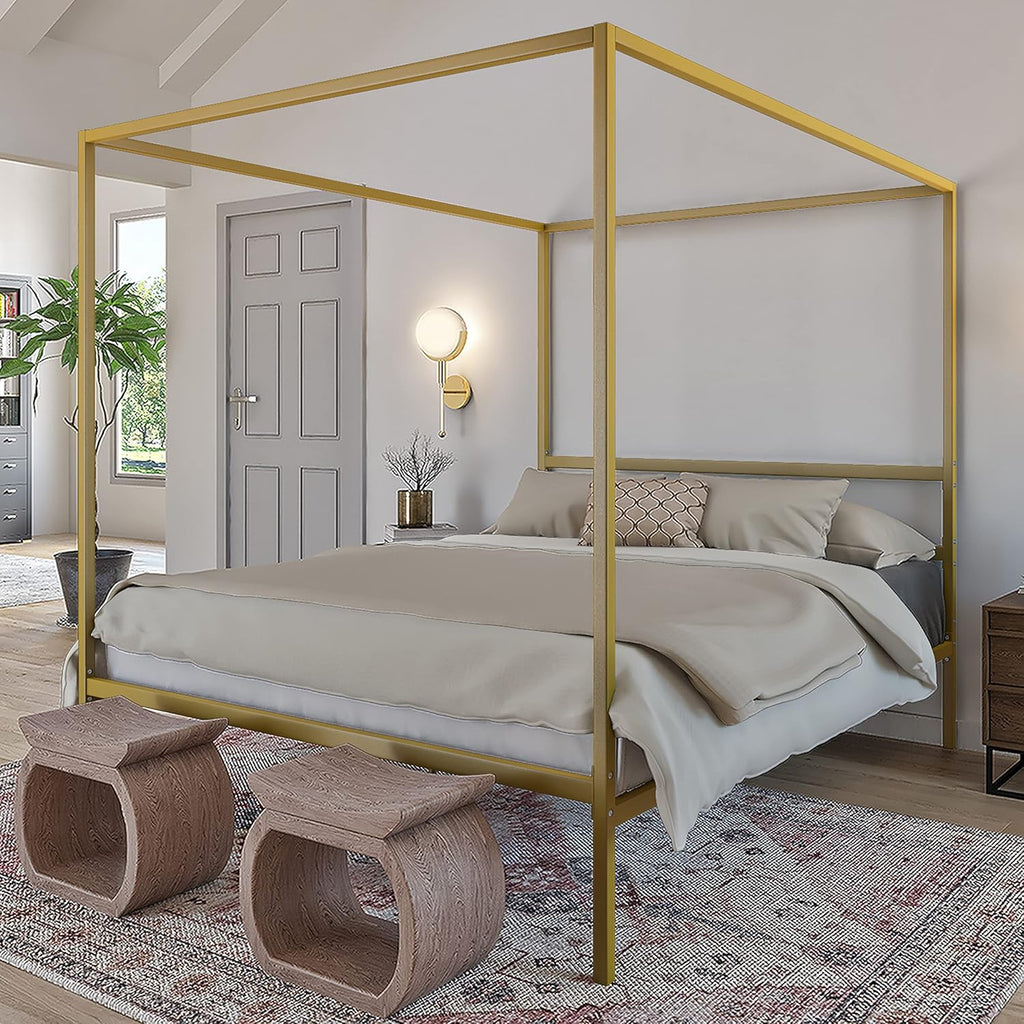 Queen Size Gold Metal Canopy Platform Bed Frame with Wooden Slats V46797